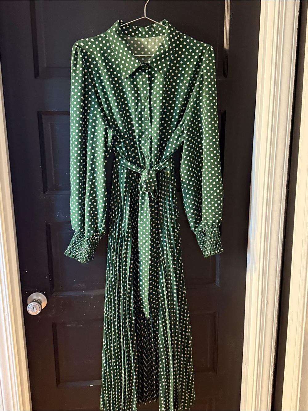 Green Polka Dot Long Sleeve Shirt Dress with Tie Waist